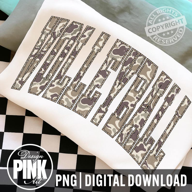 May include: White sweatshirt with the word "VALLEYBALL" in a camouflage pattern. The text is outlined with a dotted design. The image also includes the text "PNG | DIGITAL DOWNLOAD" and a logo that says "Design PINK Art".