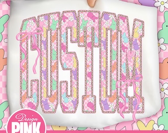 May include: A white graphic design featuring the word "CUSTOM" in a colorful, patterned font. The letters are filled with bunny and flower designs, outlined with a leopard print. Pink ribbons are tied on the sides. The design includes the text "Design PINK Art" and "PNG | DIGITAL DOWNLOAD".