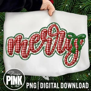 May include: A white fabric with the word "MERRY" in red and white checkered pattern, outlined in green with a festive bow. The design is a digital download from Design Pink Art.