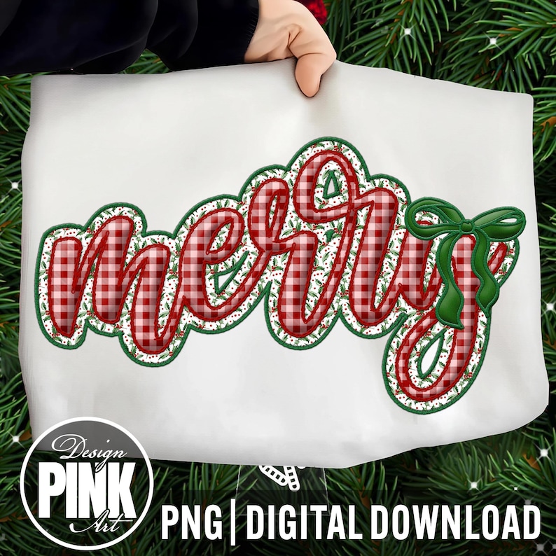 May include: A white fabric with the word "MERRY" in red and white checkered pattern, outlined in green with a festive bow. The design is a digital download from Design Pink Art.
