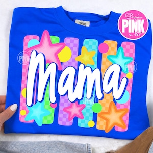 May include: A royal blue sweatshirt with a colorful graphic design. The design features the word "Mama" in white, surrounded by stars and vertical stripes in pink, green, orange, and purple. The design also includes the text "Design Pink Art".