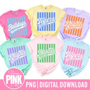 May include: Six short-sleeve t-shirts in various pastel colors, each featuring a central graphic of vertical stripes and a script-style team name above the text SCHOOL NAME. The shirts are pink, yellow, lavender, mint green, light pink, and light blue.