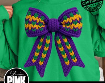 Mardi Gras Yarn Bow PNG, Purple Green Gold Knitted Bow Clipart, Crochet Knit Bow Texture, Festive Hair Bow, Digital Download PNG