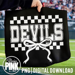 May include: Black tote bag with the word "DEVILS" in white block letters, a white bow graphic, and a checkered pattern. The bag is held up by a hand. The words "PNG DIGITAL DOWNLOAD" are at the bottom.