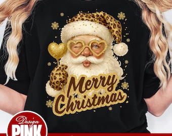 Leopard Print Santa PNG, Merry Christmas Glitter Sublimation, Gold Santa Claus Shirt Design, Cute Santa PNG, Holiday png, Xmas Retro PNG