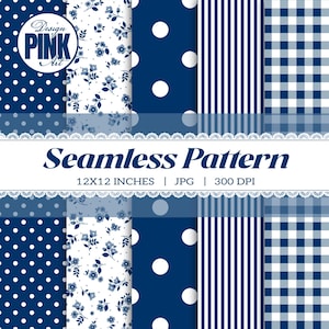 Könnte beinhalten: Eine digitale Sammlung nahtloser Muster mit fünf verschiedenen Designs in Marineblau und Weiß, darunter Punkte, Blumenmuster, vertikale Streifen und Vichy-Karos. Der Text lautet Design PINK Art, Seamless Pattern, 12X12 INCHES, JPG, 300 DPI.