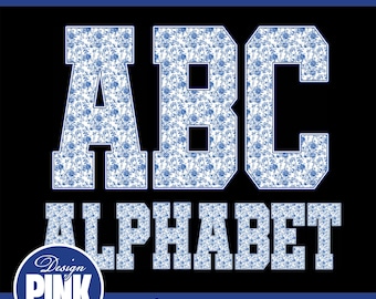 Blue Toile Varsity Alphabet PNG Set | Floral Letters Numbers Sublimation | Elegant Digital Download | Blue and White Chinoiserie Font