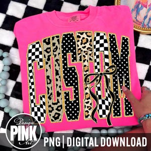 Custom Mascot Name PNG, Personalized Team Name Coquette Bow Design, Leopard Checkered School Spirit Shirt, Custom Sports Mom Sublimation image 1
