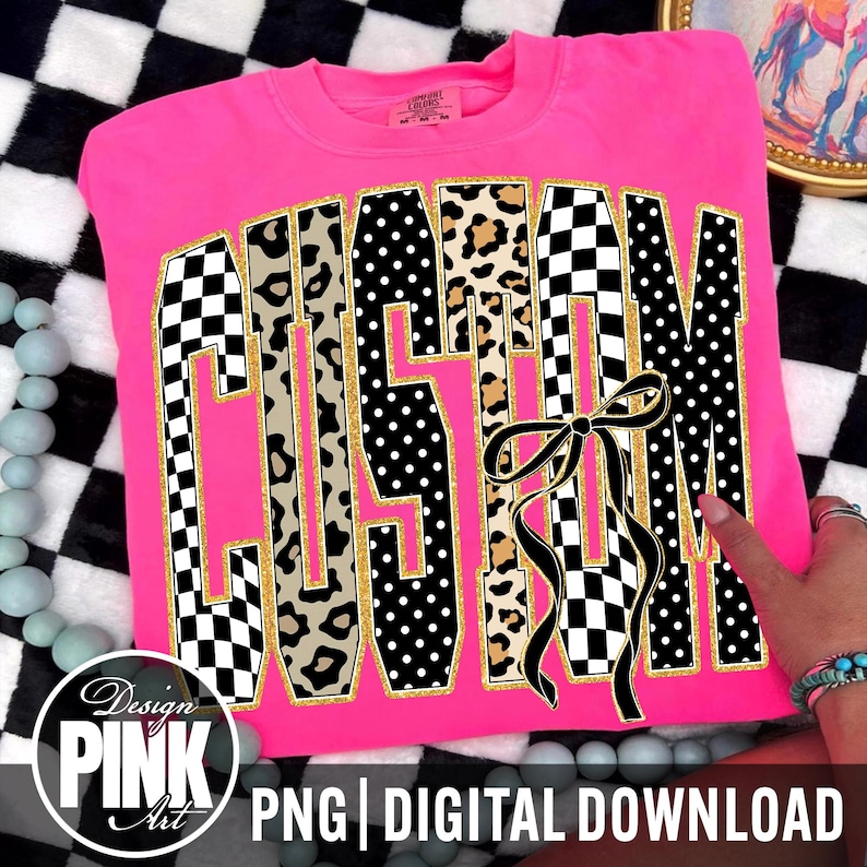 Custom Mascot Name PNG, Personalized Team Name Coquette Bow Design, Leopard Checkered School Spirit Shirt, Custom Sports Mom Sublimation image 1