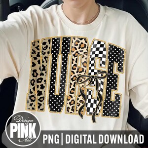 Nurse PNG, Coquette Nurse Bow Design, Leopard Checkered Nurse Shirt Graphic, Trendy Nurse Life Sublimation, Gift for Nurse Digital Download image 2