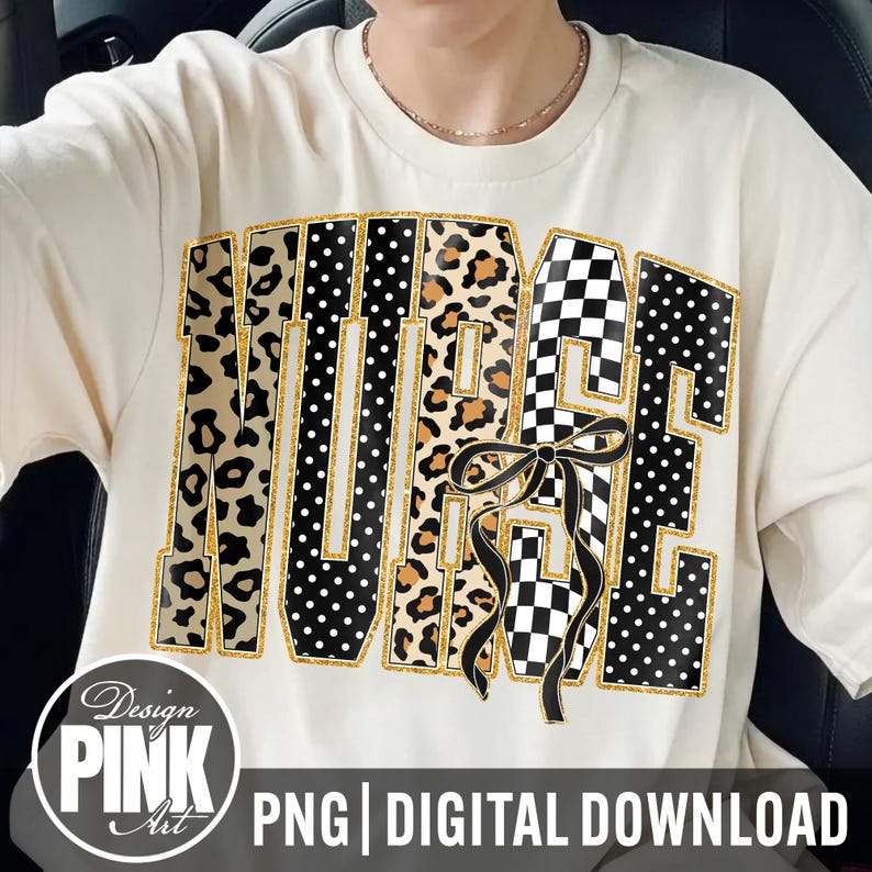 Nurse PNG, Coquette Nurse Bow Design, Leopard Checkered Nurse Shirt Graphic, Trendy Nurse Life Sublimation, Gift for Nurse Digital Download image 2