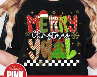 Merry Christmas Y'all PNG | Southern Christmas Sublimation | Retro Patchwork Letters | Jolly Holiday Digital Download | Festive Yall Art