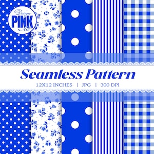 May include: A collection of blue and white seamless patterns featuring polka dots, floral prints, vertical stripes, and gingham checks. The image includes the text Design PINK Art, Seamless Pattern, 12X12 INCHES, JPG, and 300 DPI.