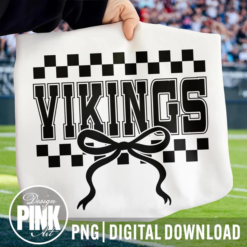 May include: White tote bag with the word "VIKINGS" in bold black letters, a black bow, and a checkered pattern. The bag also has the text "PNG DIGITAL DOWNLOAD" and the "Design Pink Art" logo.