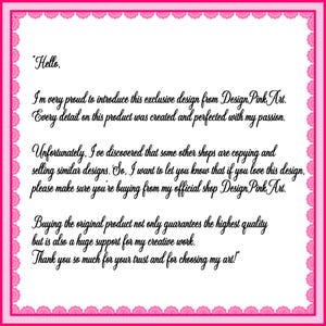 May include: A pink and white framed message from DesignPinkArt. The text reads: "Hello, I'm very proud to introduce this exclusive design..." The message is surrounded by a decorative pink border.