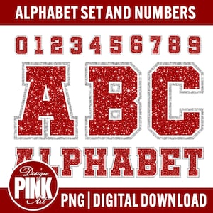 May include: A digital alphabet set and numbers in a red glitter design with a silver outline. The image includes the numbers 0-9 and the letters A, B, and C, along with the word "ALPHABET". The text "PNG | DIGITAL DOWNLOAD" is also included.