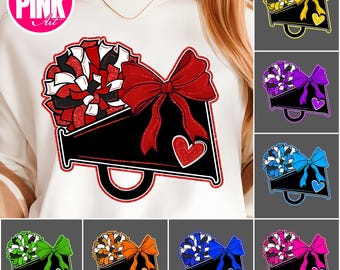 Cheer Megaphone Bow PNG Bundle, Glitter Team Spirit Design, Colorful Cheerleading Mascot, Sublimation Digital Download