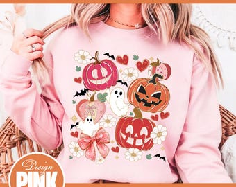Boho Halloween PNG: Pink Pumpkin Ghost Sublimation (Digital Download)