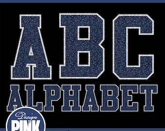 Navy Glitter Varsity Alphabet PNG Bundle | White Outline Sport Font Sublimation | Cheerleading Team Digital Download | Navy Blue