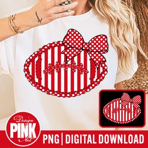 Red Striped Football with Polka Dot Bow: Sports Sublimation Design (PNG Digital Download)