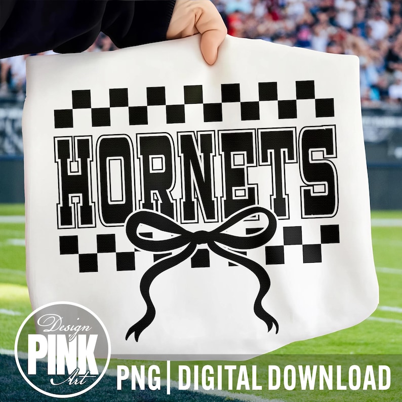 May include: White tote bag with the word "HORNETS" in bold black letters, a black bow, and a black and white checkered border. The words "Design Pink Art" and "PNG DIGITAL DOWNLOAD" are also visible.