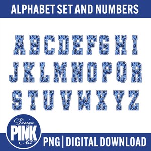 May include: Alphabet set and numbers in a blue camouflage pattern. The letters are in a bold, block style, with a white outline. The image also includes the text "Design Pink Art" and "PNG | DIGITAL DOWNLOAD".