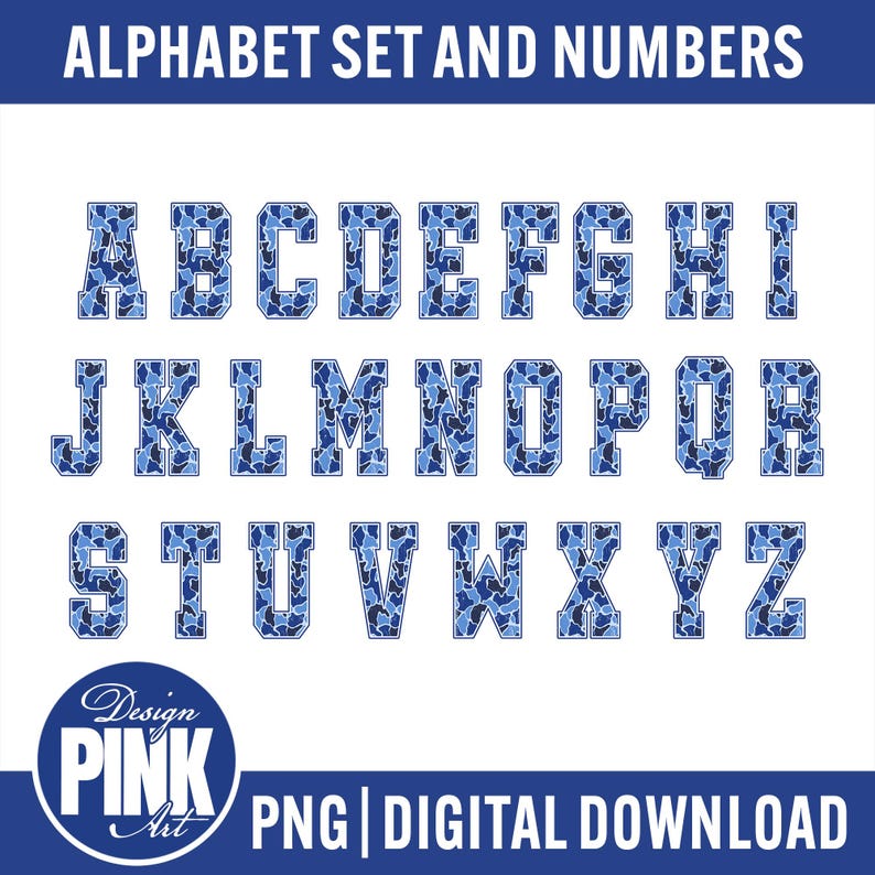 May include: Alphabet set and numbers in a blue camouflage pattern. The letters are in a bold, block style, with a white outline. The image also includes the text "Design Pink Art" and "PNG | DIGITAL DOWNLOAD".