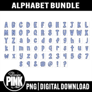 May include: A digital alphabet bundle featuring uppercase and lowercase letters, numbers, and symbols in a blue dotted pattern. The text "ALPHABET BUNDLE" is at the top, with "PNG | DIGITAL DOWNLOAD" at the bottom. The Design Pink Art logo is also visible.