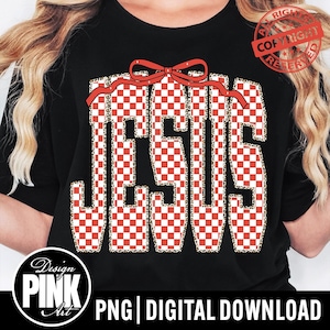 May include: Black t-shirt with the word "JESUS" in a red and white checkered pattern, outlined with leopard print, and a red bow. The shirt also has the text "PNG | DIGITAL DOWNLOAD".