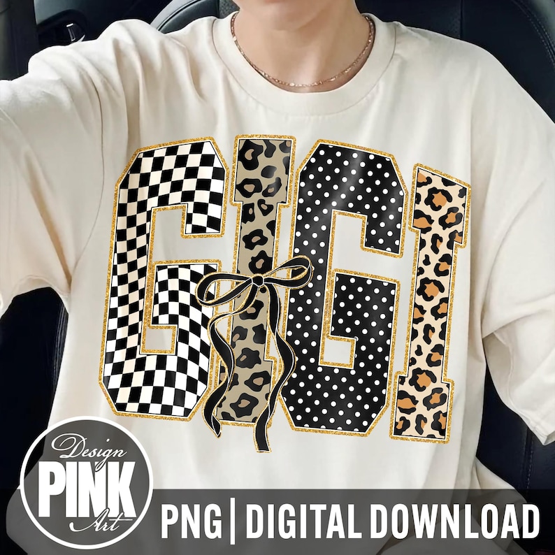 Gigi PNG, Kokette Gigi Bow Design, Leopard karierte Polka Dot Gigi Shirt Grafik, trendige Oma Geschenk Sublimation, digitaler Download Bild 2