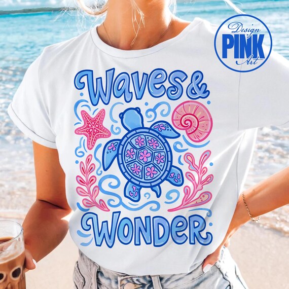Waves & Wonder PNG, Sea Turtle Summer Shirt Design, Beach Vacation Sublimation, Coastal Girly Graphic Tee, Ocean Lover PNG