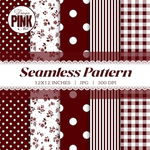 Könnte beinhalten: Eine digitale Sammlung nahtloser Muster in Dunkelrot und Weiß mit Punkten, Blumenmotiven, vertikalen Streifen und Vichy-Karos. Das Bild enthält den Text Design PINK Art, Seamless Pattern, 30,48x30,48 cm, JPG, 300 DPI.