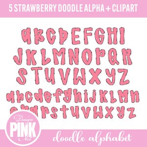May include: A pink doodle alphabet set with uppercase and lowercase letters. The letters have a strawberry theme, with a pink polka dot pattern and black outlines. The image includes the text "5 STRAWBERRY DOODLE ALPHA + CLIPART".