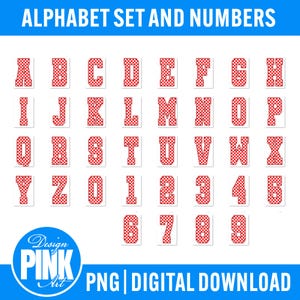 K&ouml;nnte beinhalten: Ein vollst&auml;ndiges Alphabet und die Zahlen 0-9 in einem rot-wei&szlig; karierten Muster. Die Buchstaben und Zahlen werden auf wei&szlig;em Hintergrund angezeigt. Die Worte "ALPHABET SET AND NUMBERS" stehen oben. "PNG DIGITAL DOWNLOAD" steht unten.
