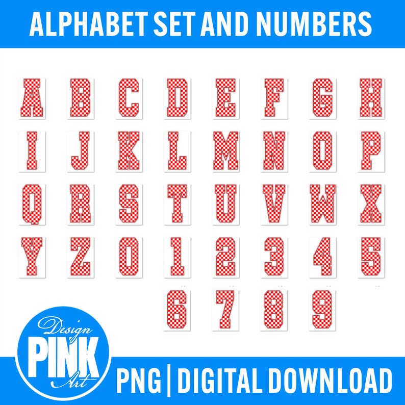 K&ouml;nnte beinhalten: Ein vollst&auml;ndiges Alphabet und die Zahlen 0-9 in einem rot-wei&szlig; karierten Muster. Die Buchstaben und Zahlen werden auf wei&szlig;em Hintergrund angezeigt. Die Worte "ALPHABET SET AND NUMBERS" stehen oben. "PNG DIGITAL DOWNLOAD" steht unten.
