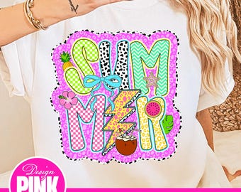 May include: White t-shirt featuring a colorful "SUMMER" graphic. The design includes a pineapple, bow, starfish, watermelon, and a coconut drink. The word "SUMMER" is in various patterns and colors, with a pink border and the text "Design Pink Art" and "PNG DIGITAL DOWNLOAD".