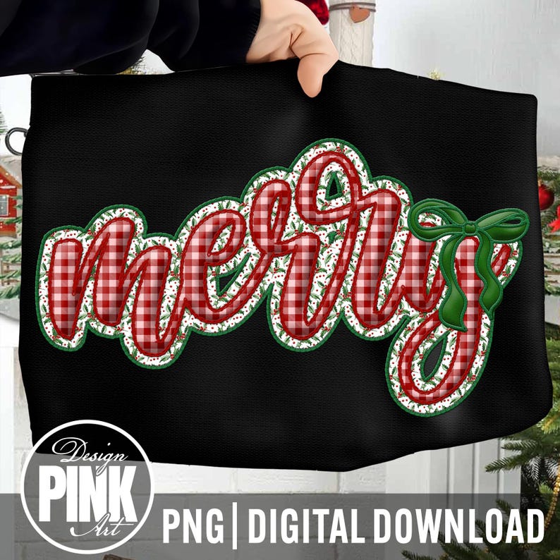 May include: Black tote bag with the word "MERRY" in a red and white plaid design, outlined with a white and green floral pattern. A green bow is on the right side. The bottom of the bag has the text "PNG | DIGITAL DOWNLOAD".