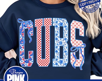 Cubs Patriotic PNG, Red White Blue Floral & Gingham Varsity Letters with Coquette Bows, Fourth of July Cubs Shirt, American PNG
