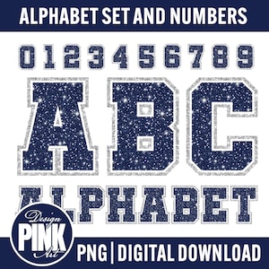 Puede incluir: Un diseño digital con un conjunto de alfabeto y números de purpurina azul marino, delineados con purpurina plateada. El diseño incluye las letras A, B y C, junto con los números del 0 al 9. El texto "ALPHABET SET AND NUMBERS" está en la parte superior.