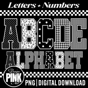 May include: A digital graphic featuring the text Letters + Numbers and ALPHABET in a varsity font. The letters A through E and the word ALPHABET are filled with black and white patterns including polka dots, floral, and plaid.