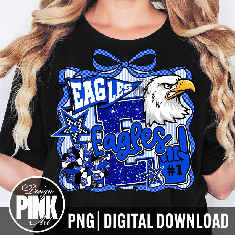 May include: Black t-shirt with a blue and white Eagles graphic. The design includes an eagle head, stars, and the word "Eagles" in a stylized font. A blue bow and the text "#1" are also featured.