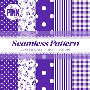May include: A digital collection of seamless patterns in shades of purple and white, featuring polka dots, floral prints, vertical stripes, and gingham checks. The image includes the text Design PINK Art, Seamless Pattern, 12X12 INCHES, JPG, 300 DPI.