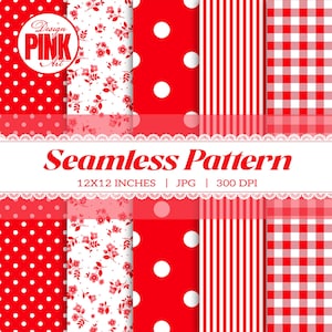 May include: A digital collection of five seamless patterns in red and white, featuring polka dots, floral prints, vertical stripes, and gingham checks. The image includes the text Design PINK Art, Seamless Pattern, 12X12 INCHES, JPG, 300 DPI.
