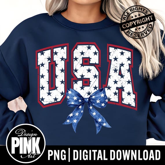 USA Bow PNG, Patriotic Coquette Bow Shirt Design, Distressed Stars USA Letters, 4th of July Sublimation, Red White Blue Instant Download