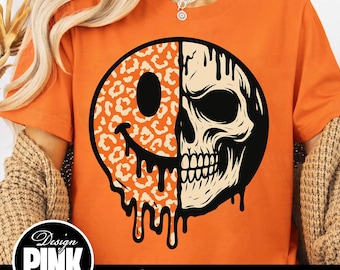 Halloween Dripping Smiley Face PNG: Leopard Skull Sublimation Design (Digital Download)