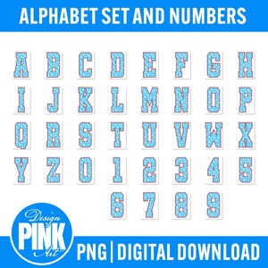 K&ouml;nnte beinhalten: Ein digitales Alphabet-Set und Zahlen in Hellblau mit wei&szlig;en Tupfen. Die Buchstaben und Zahlen haben einen roten Umriss. Das Bild enth&auml;lt auch den Text "ALPHABET SET AND NUMBERS", "Design PINK Art", "PNG | DIGITAL DOWNLOAD".