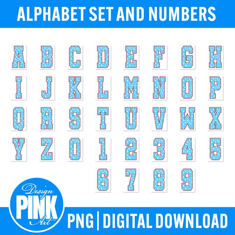 K&ouml;nnte beinhalten: Ein digitales Alphabet-Set und Zahlen in Hellblau mit wei&szlig;en Tupfen. Die Buchstaben und Zahlen haben einen roten Umriss. Das Bild enth&auml;lt auch den Text "ALPHABET SET AND NUMBERS", "Design PINK Art", "PNG | DIGITAL DOWNLOAD".