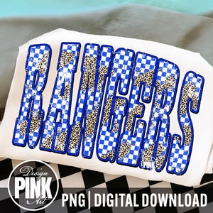 May include: White t-shirt featuring the word "RANGERS" in a bold, distressed font. The letters alternate between a blue and white checkered pattern and a leopard print design. The design includes the text "PNG | DIGITAL DOWNLOAD".