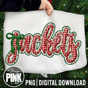 May include: White background with the word "Jackets" in red and white plaid, outlined in green with a green bow. The image also includes the text "Design Pink Art PNG | DIGITAL DOWNLOAD" in a circular logo.