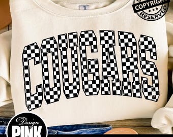 Cougars Checkerboard PNG | Distressed Varsity Sublimation | Trendy Race Flag Game Day Digital Download | Mascot | Grunge School Spirit